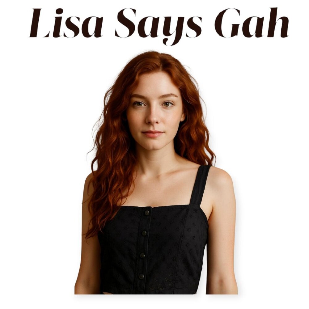 Lisa Says Gah Black Eyelet Button Front Crop Top Organic Cotton XS Square Necked